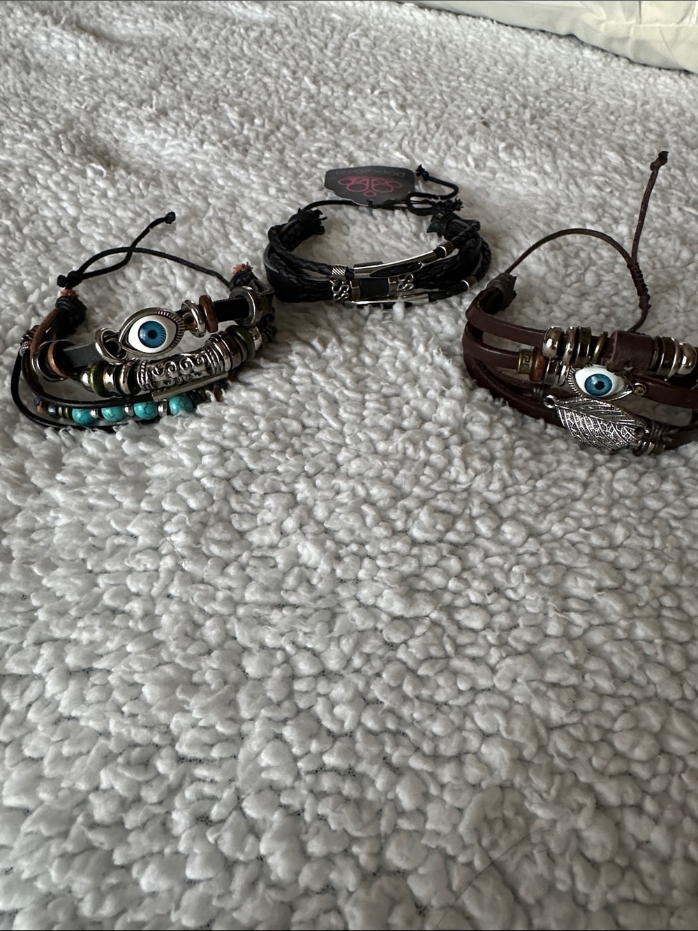 Brown Leather and Turquoise Accent Bracelet Set with Evil Eye and 2 others
